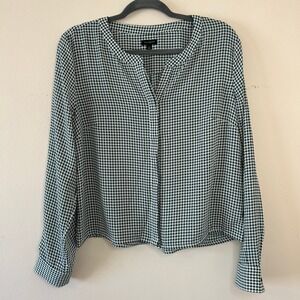 Talbots Womens Green White Houndstooth Hidden Button Office Blouse Large